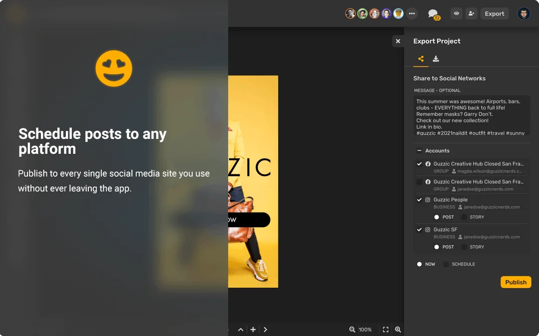 Simplified's social media scheduler showing a post being composed and accounts selected for publishing with a dark-themed interface.