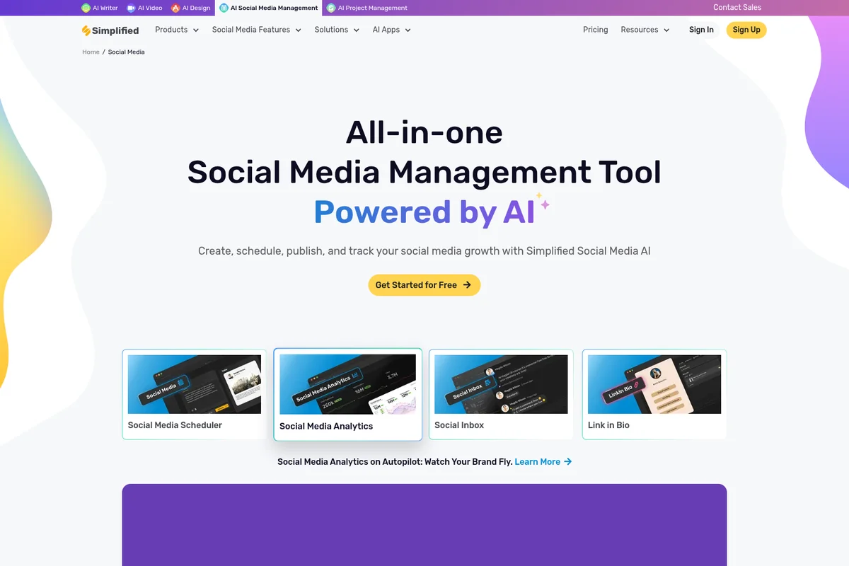 Simplified AI Social Media Management page featuring scheduler, analytics, inbox, and Link in Bio with a modern, clean UI.