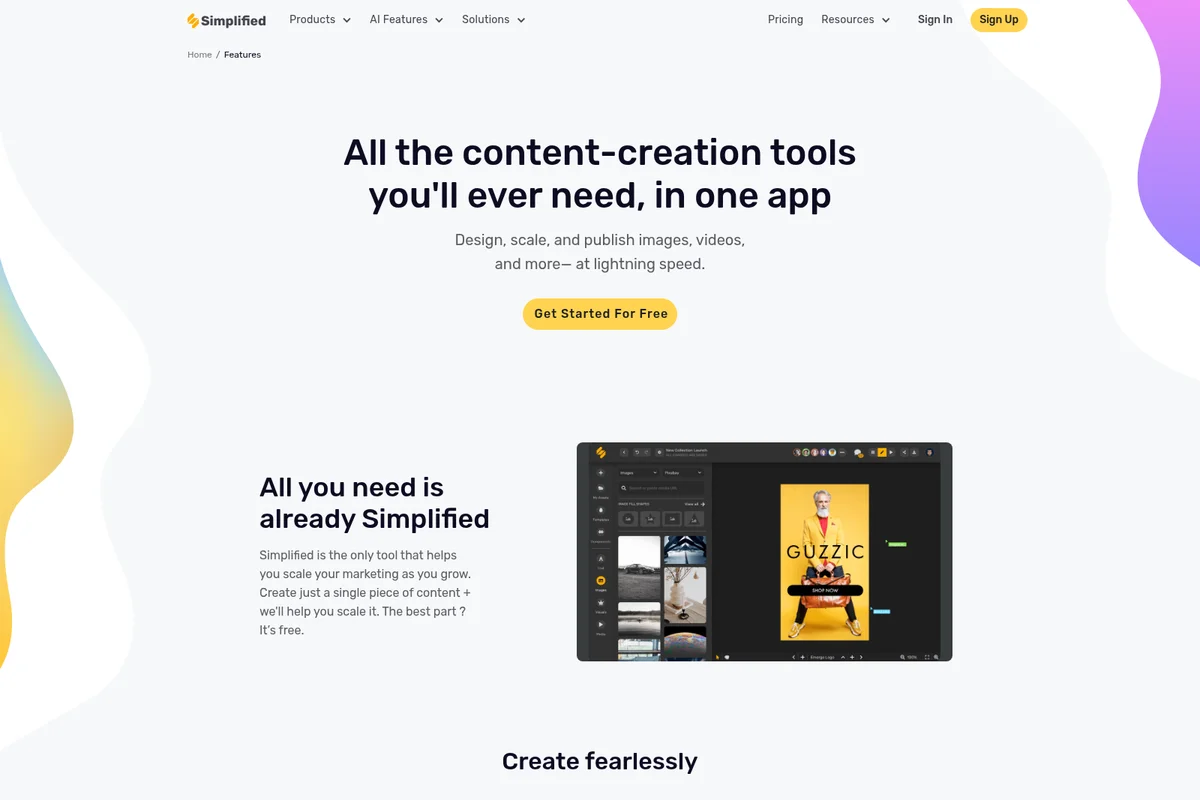 Simplified content creation workspace showing a design editor with a fashion-themed ad and a dark-mode interface.