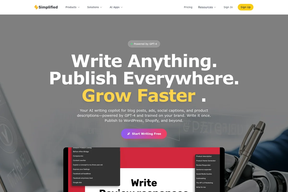 Simplified AI writer landing page hero showcasing the main value proposition and AI writing tools with a modern design.