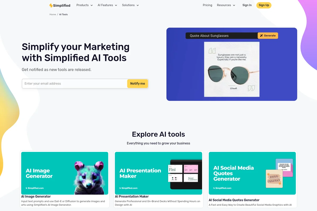 Simplified AI Tools landing page showcasing an AI-generated social media quote graphic about sunglasses, an AI image of a colorful raccoon, presentation slides, and various social media quote card designs.