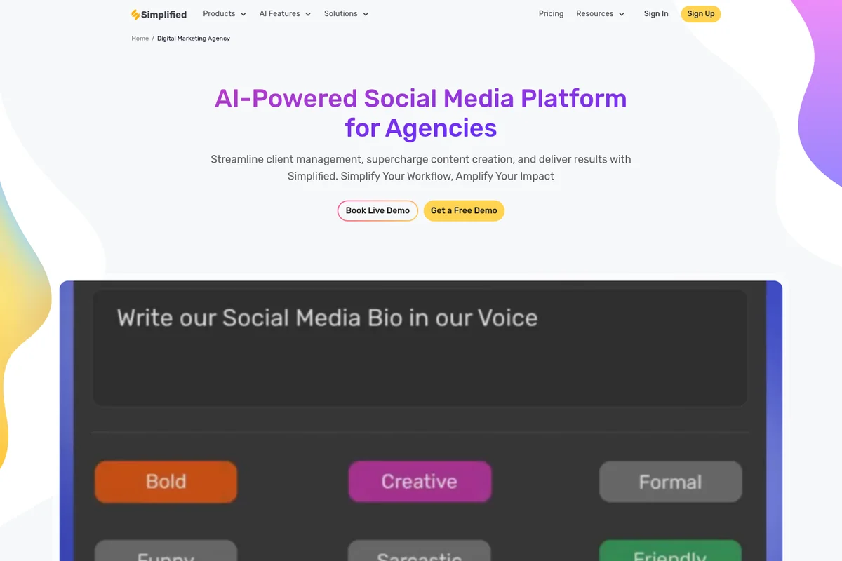 Simplified AI social media platform UI showing bio generation with creative voice options in a dark theme interface
