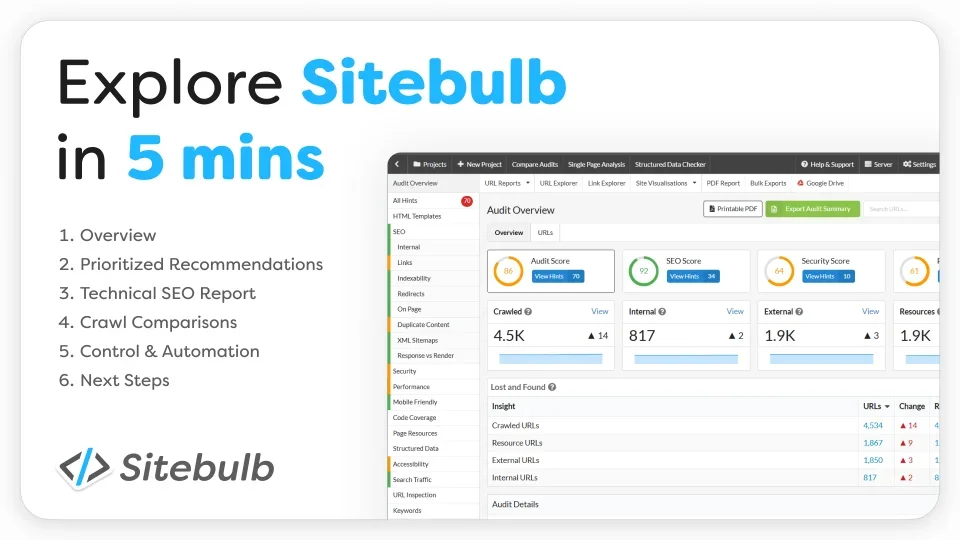 Sitebulb audit overview dashboard displaying key SEO, security, and crawl scores with a clean, data-rich interface.
