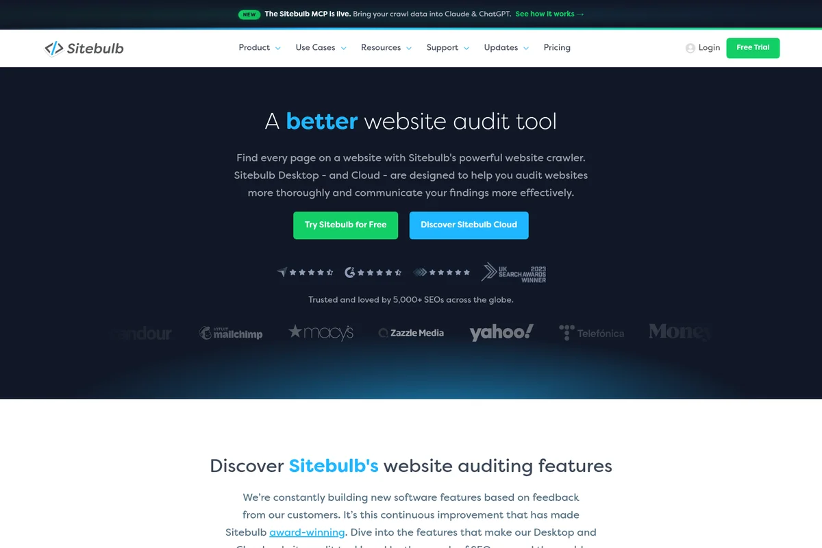 Sitebulb homepage hero section introducing the powerful website audit tool with a modern dark-themed interface.