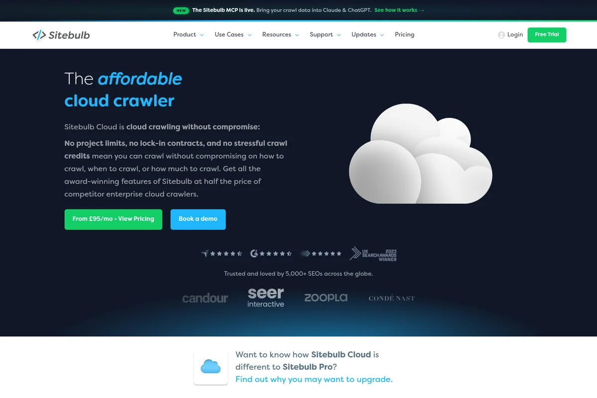 Sitebulb Cloud landing page hero showcasing the affordable cloud crawler's benefits with a dark, modern design.