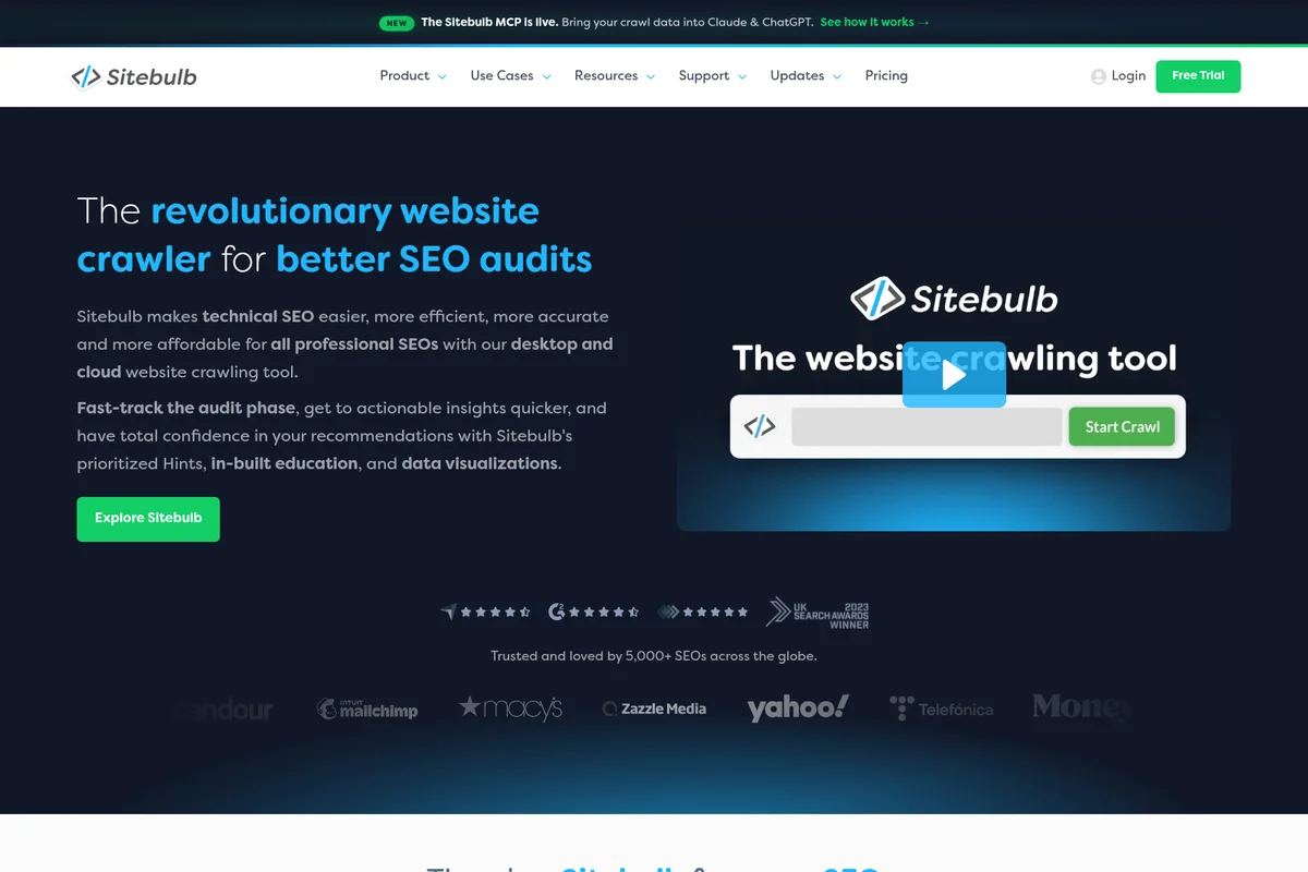 Sitebulb homepage showcasing a revolutionary website crawler and SEO audit tool with a dark-themed, modern interface.