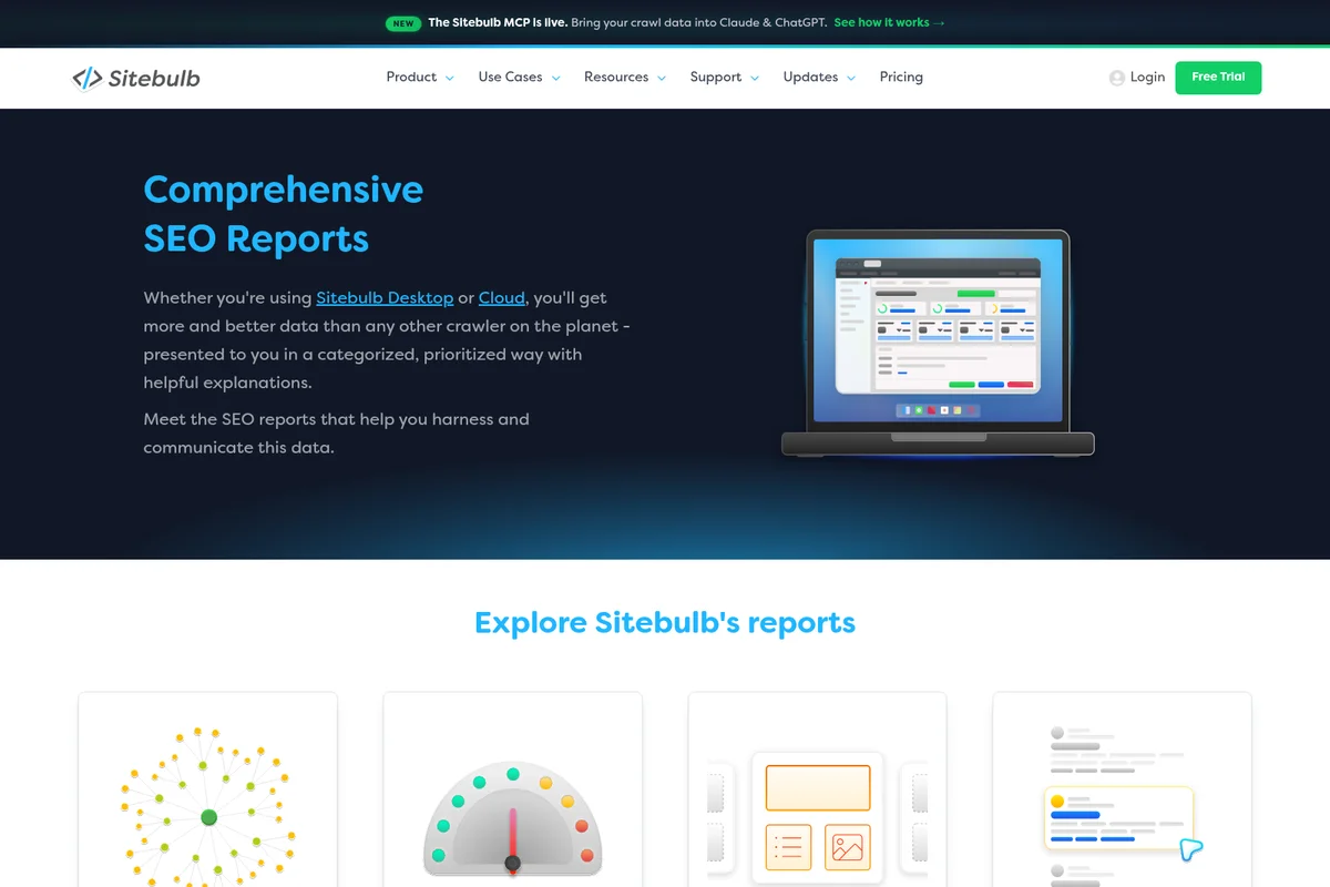 Sitebulb product page showing comprehensive SEO reports on a laptop with a modern dark theme and report examples.