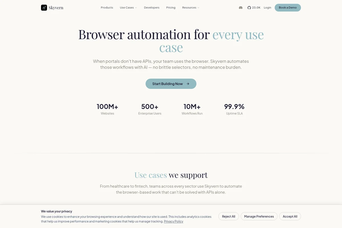 Skyvern landing page hero section showing browser automation value proposition with a clean, minimalist design.