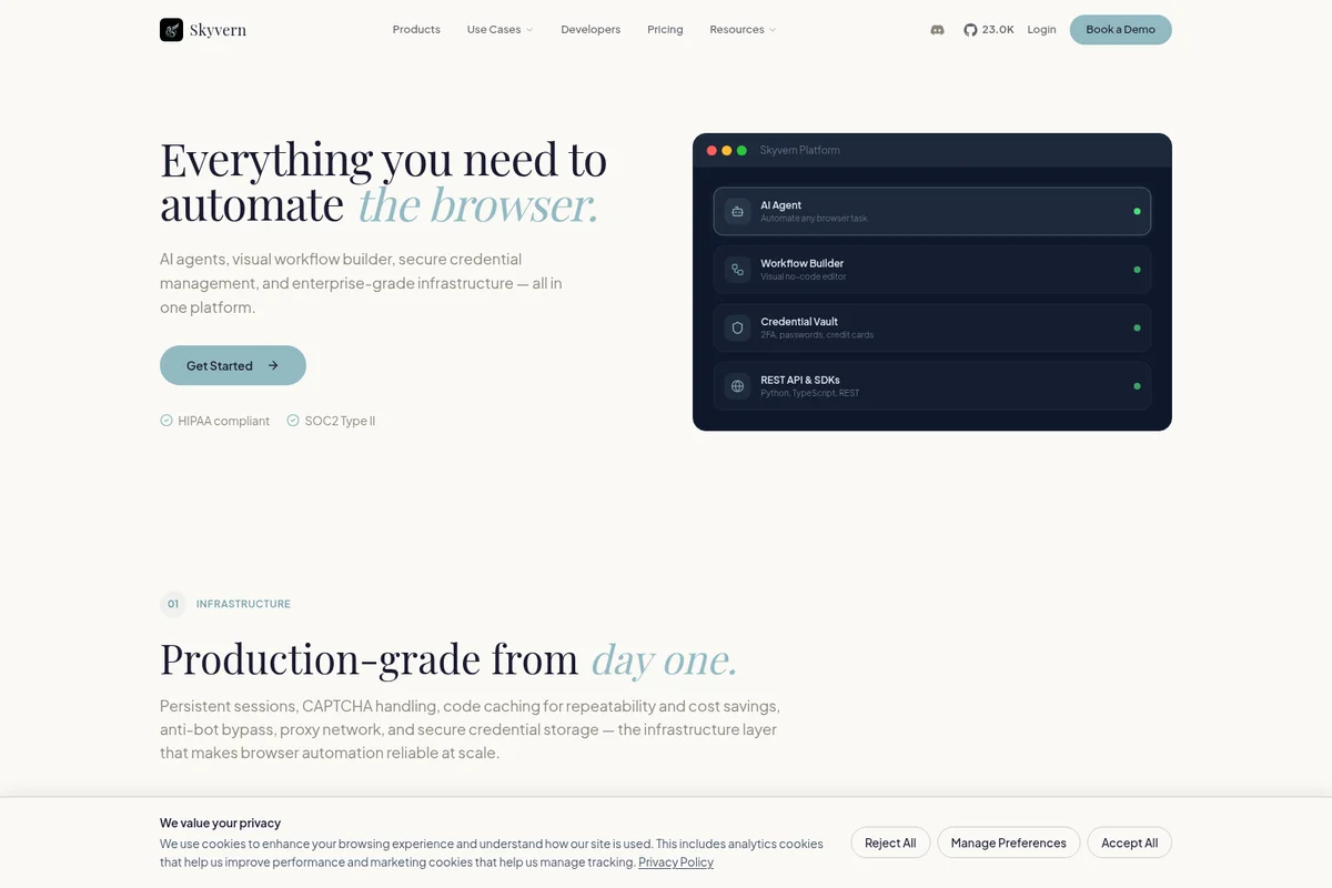 Skyvern landing page showcasing browser automation features with a modern dark-mode product mockup of its platform.