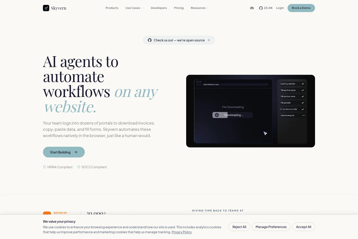 Skyvern homepage hero showcasing AI agents automating browser tasks with a dark-themed workflow demo.