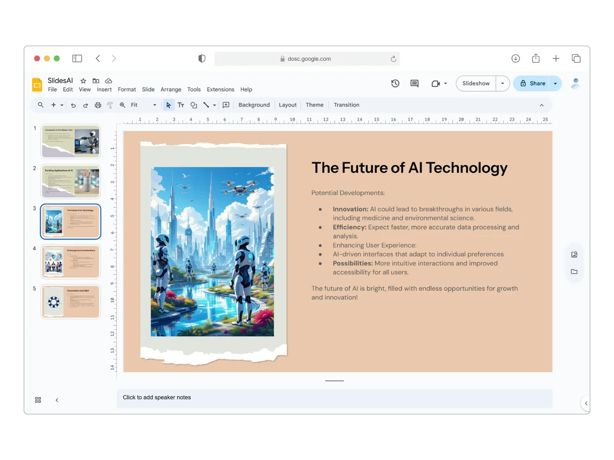 SlidesAI workspace displaying an AI-generated presentation slide about futuristic technology within Google Slides.
