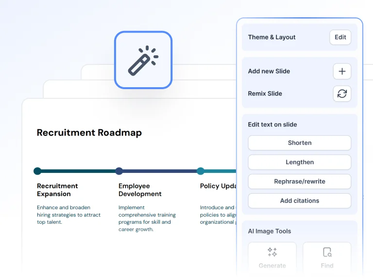 SlidesAI presentation editor showing AI tools to shorten, lengthen, rephrase text, and generate images within a clean, modern UI.