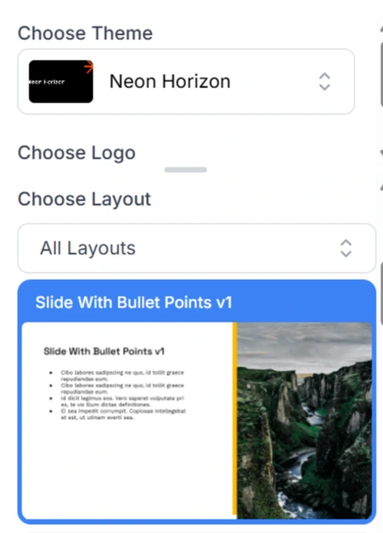SlidesAI layout selection showing 'Slide With Bullet Points' preview with text and a striking canyon photograph in a clean UI.