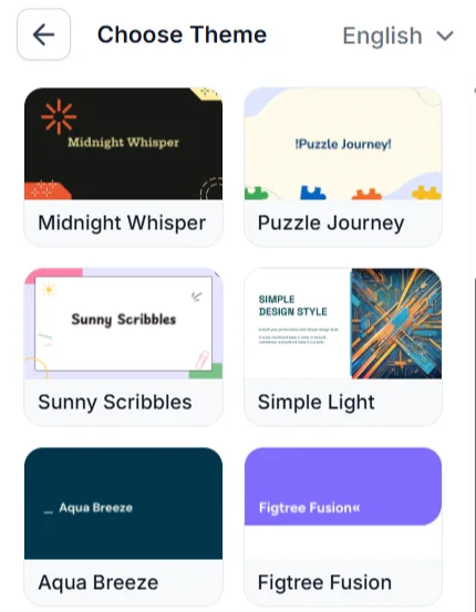 SlidesAI theme selection interface displaying various presentation design options like 'Midnight Whisper' and 'Aqua Breeze' in a gallery view.