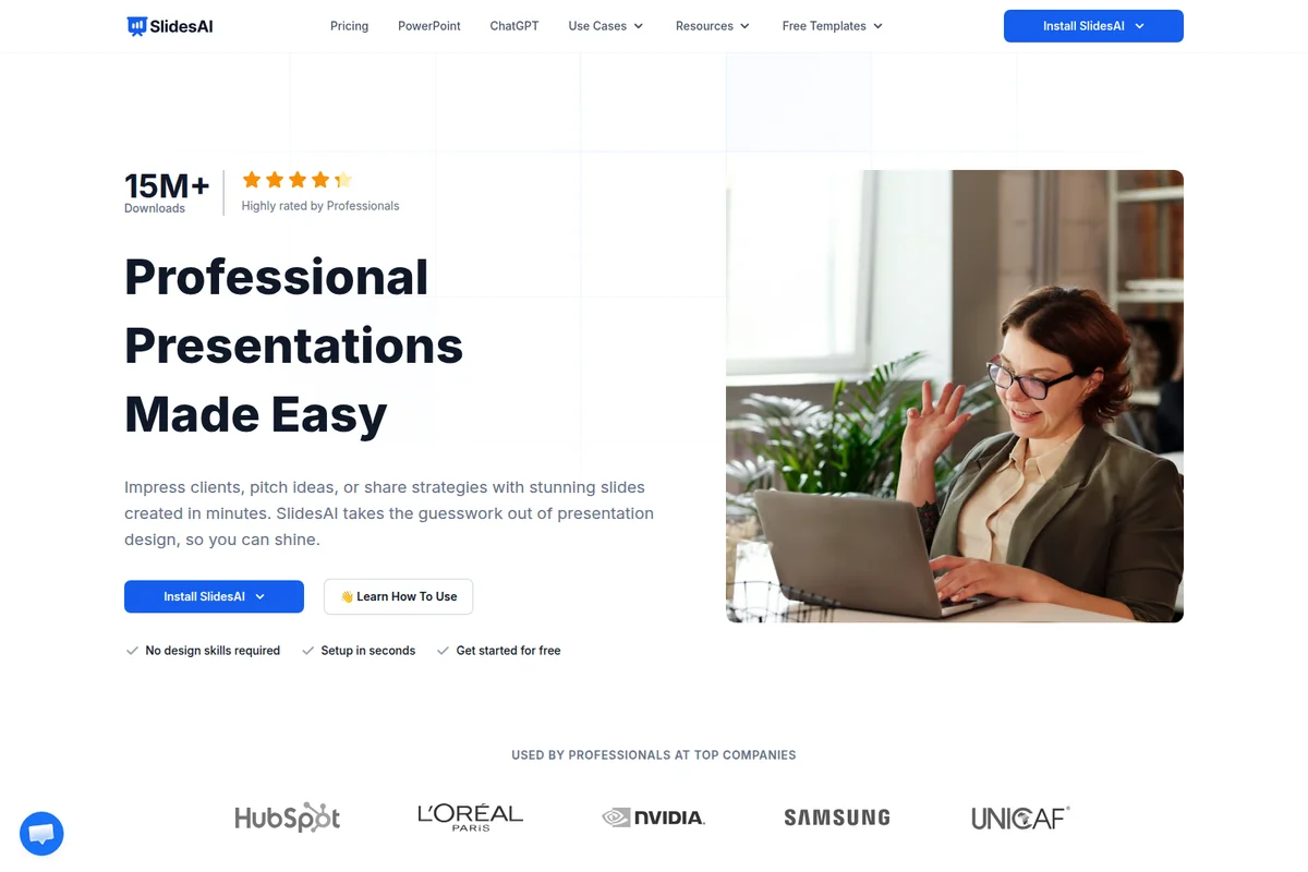 SlidesAI homepage promoting professional presentations with a woman using a laptop and company trust logos.