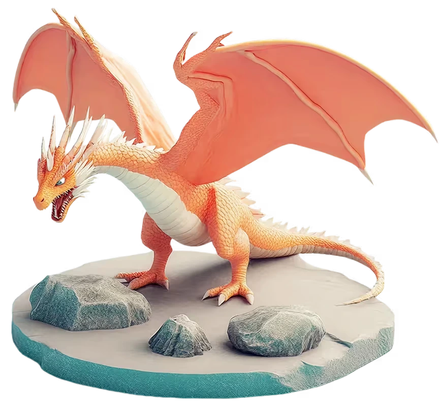 Sloyd 3D model of a majestic orange dragon with large wings and white accents, standing on a rocky, minimalist base.