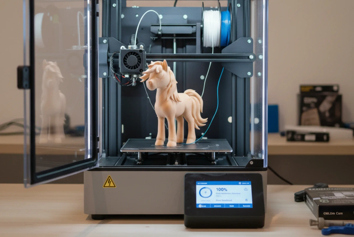 AI-generated 3D model output showing a physical print of a cartoon horse figurine on a modern 3D printer.