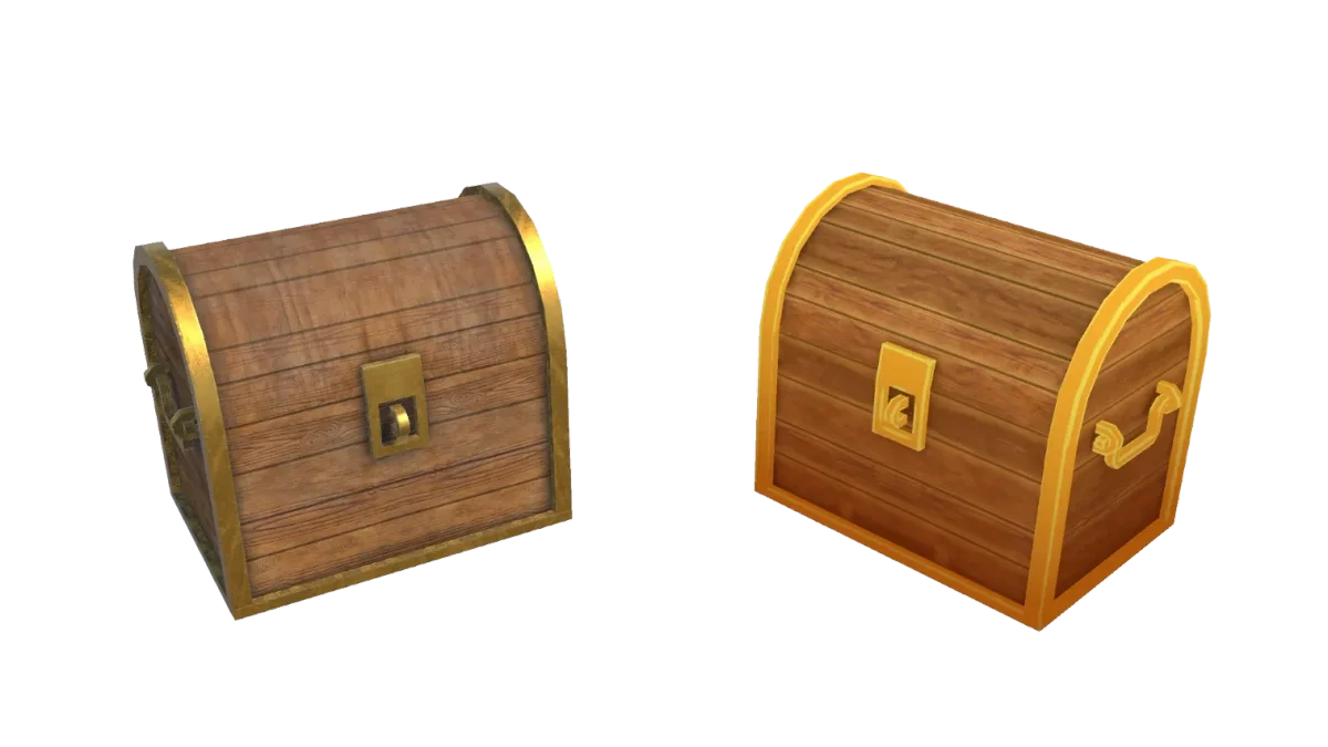 Sloyd 3D asset showing two intricately designed wooden treasure chests with golden accents.