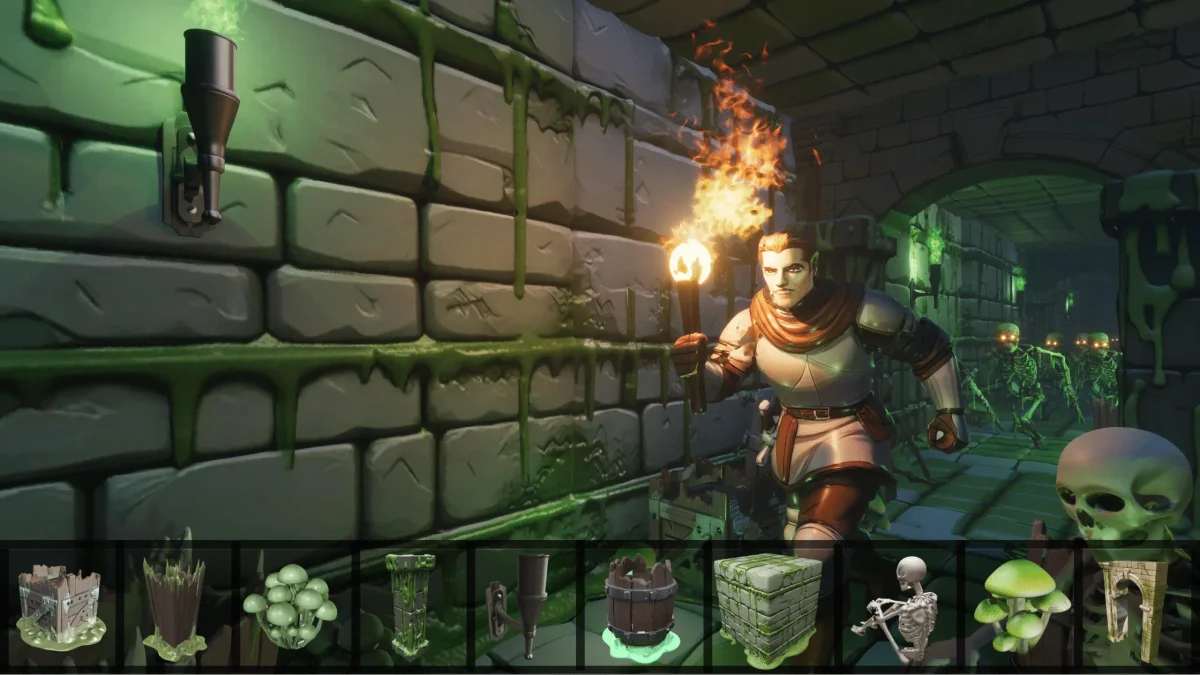 Sloyd 3D environment builder showing a dungeon scene with an adventurer, skeletons, and various generated assets in a selection bar.