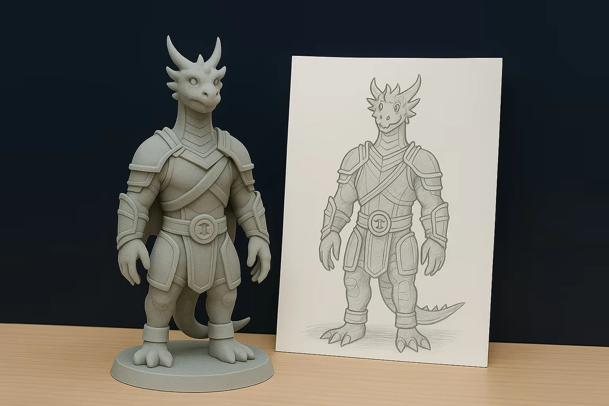 Sloyd 3D model output showing a gray dragon figurine next to its pencil sketch, illustrating concept-to-print capability.