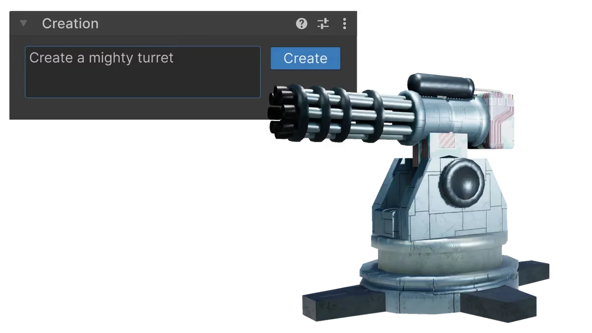 sloyd 3D creation workspace showing a generated minigun turret from a text prompt 'Create a mighty turret' in a dark-mode interface.