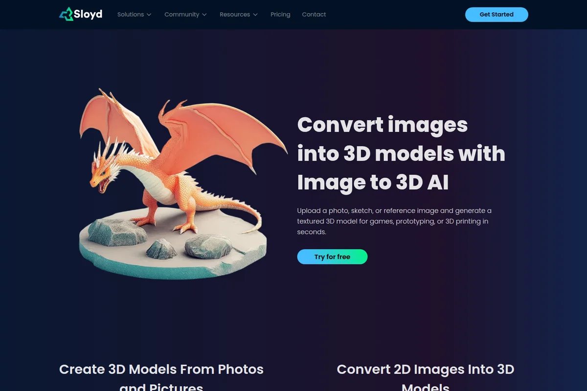 Sloyd landing page hero section showing a vivid 3D dragon model, illustrating image-to-3D conversion with a dark, modern interface.