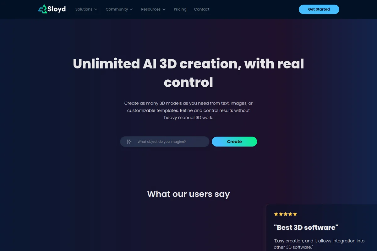 Sloyd workspace showing the AI 3D creation prompt input field and 'Create' button with a dark gradient aesthetic