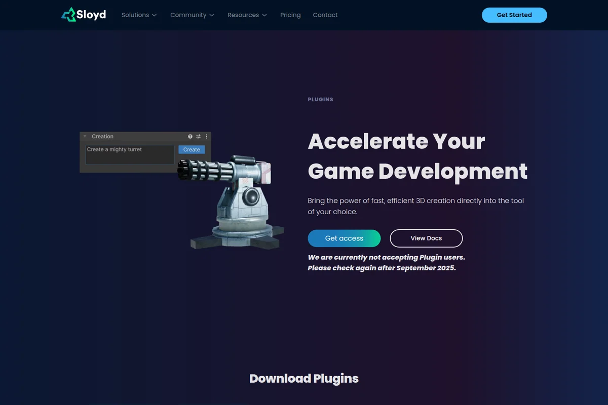 Sloyd plugin interface showing AI-powered 3D turret creation from a text prompt with a dark-mode modern aesthetic