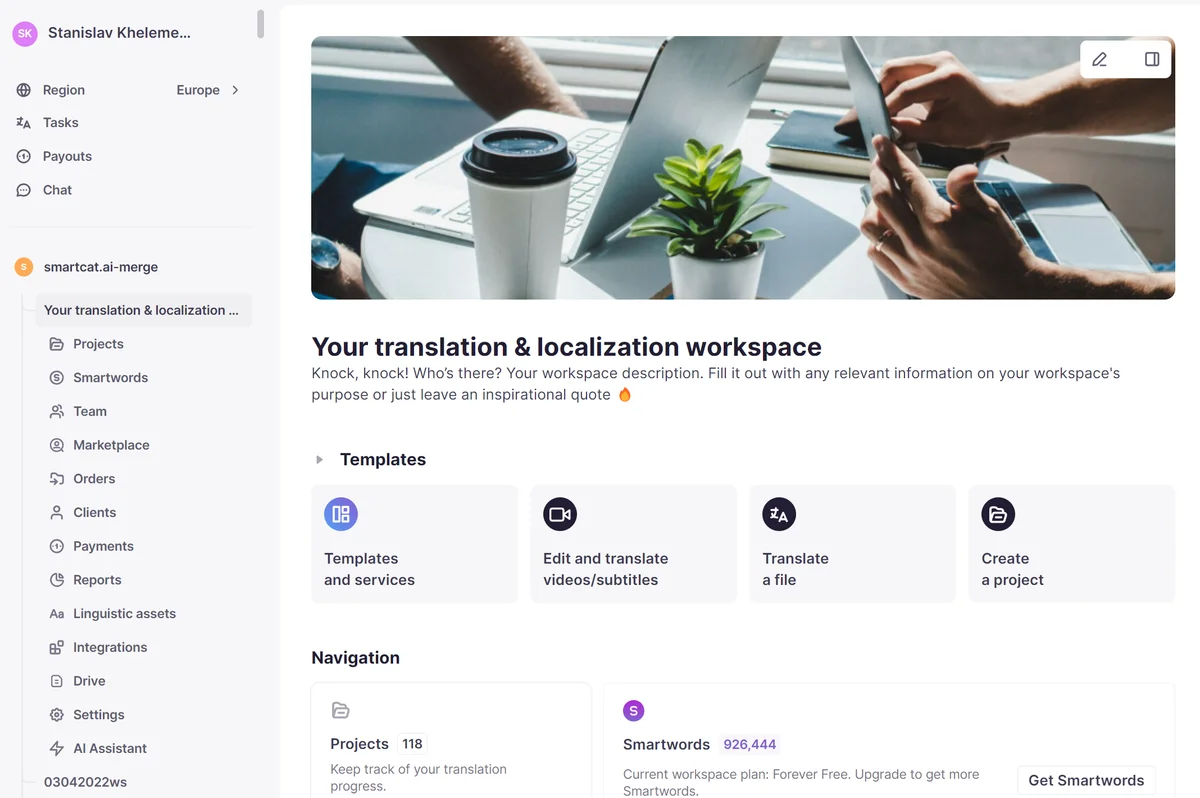 Smartcat translation and localization workspace showing project management, smartwords, and creation templates in a clean, modern interface.