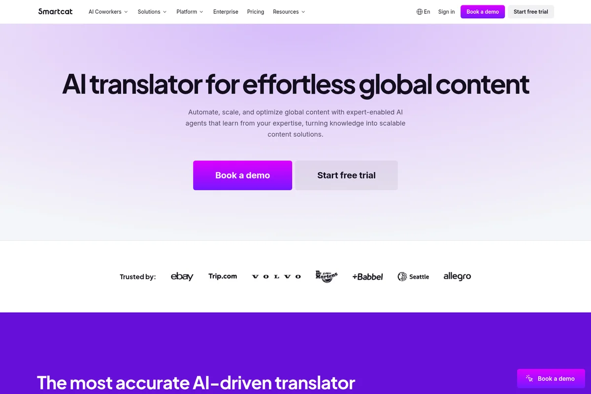 Smartcat landing page hero section showcasing AI translation capabilities with a modern, gradient user interface.