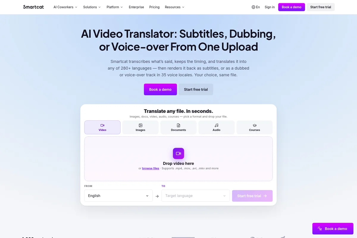 Smartcat AI video translator landing page showing file upload options and language selection in a clean, modern interface.