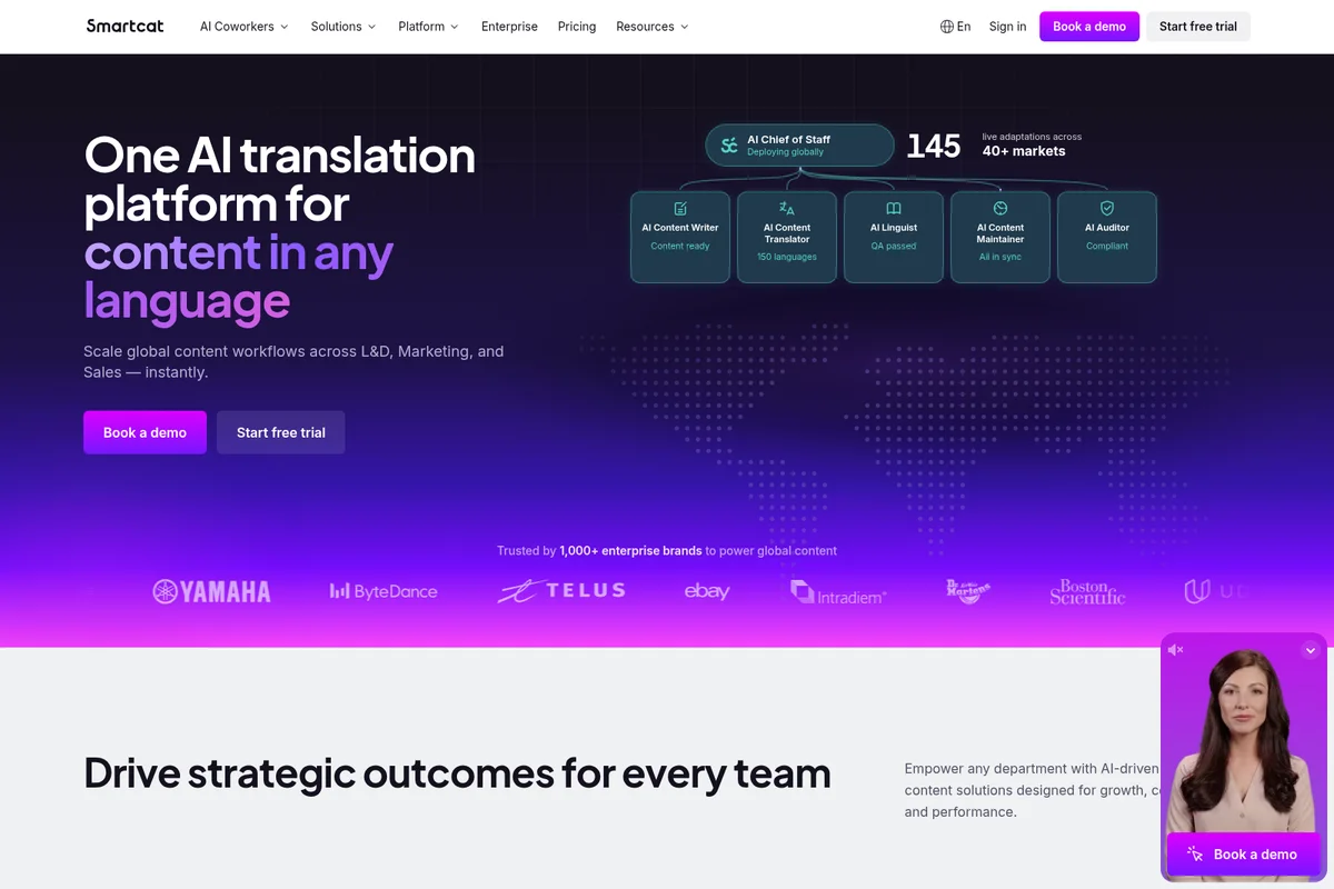 Smartcat homepage showing its AI translation platform overview with an integrated AI workforce diagram on a modern dark gradient interface.