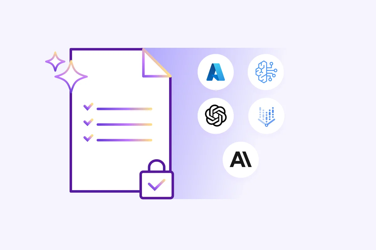 Smartling integration graphic showing documents with a checklist and padlock, enhanced by Azure, OpenAI, and other AI services