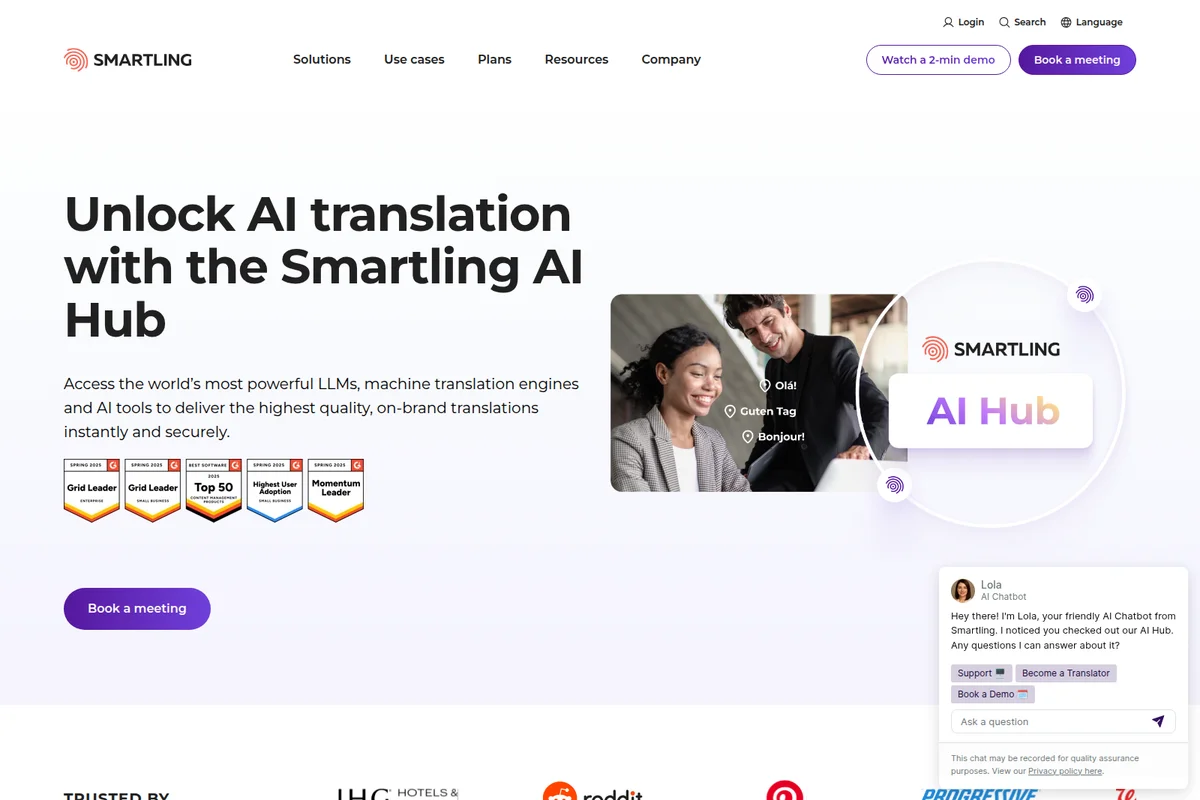 Smartling AI Hub landing page displaying AI translation capabilities with a professional, modern interface.