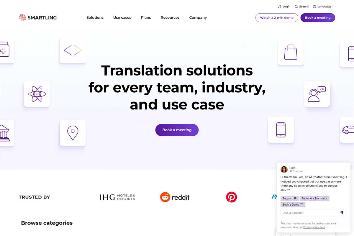Smartling landing page hero section showcasing translation solutions for various industries with clean outline icons and a modern interface.