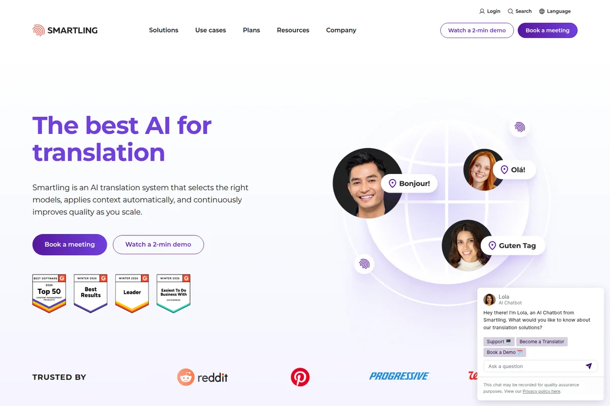 Smartling homepage promoting AI translation services with a global communication graphic and a clean, modern interface.