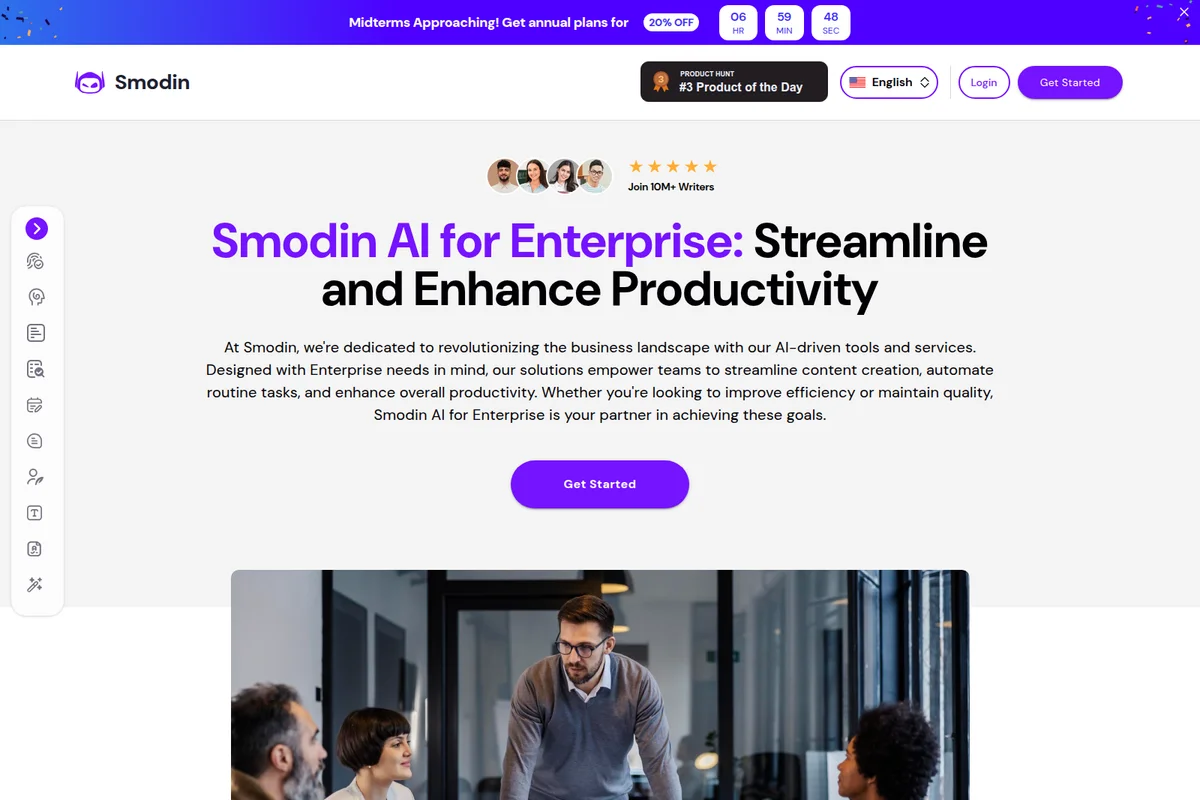 Smodin Enterprise landing page promoting AI solutions for productivity with a modern design and business meeting photo.