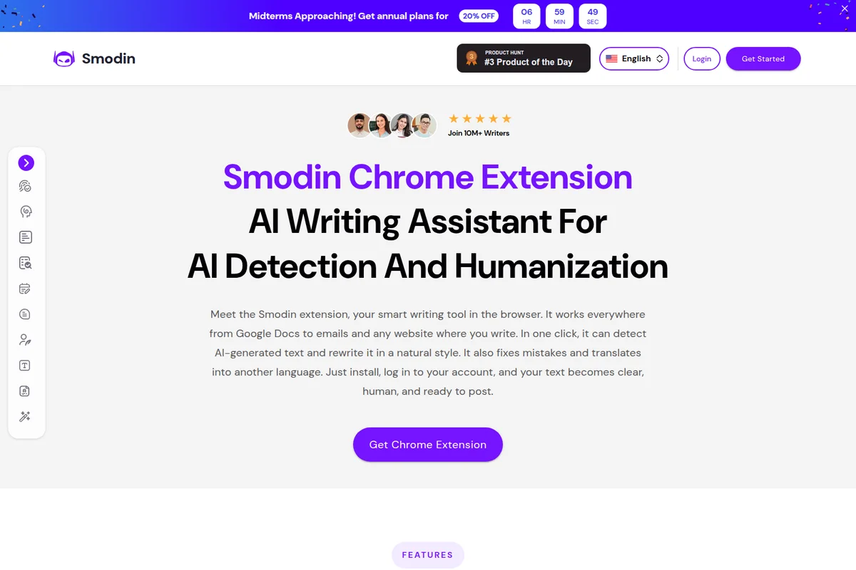 Smodin landing page showcasing its Chrome Extension as an AI writing assistant for AI detection and text humanization with a clean UI.