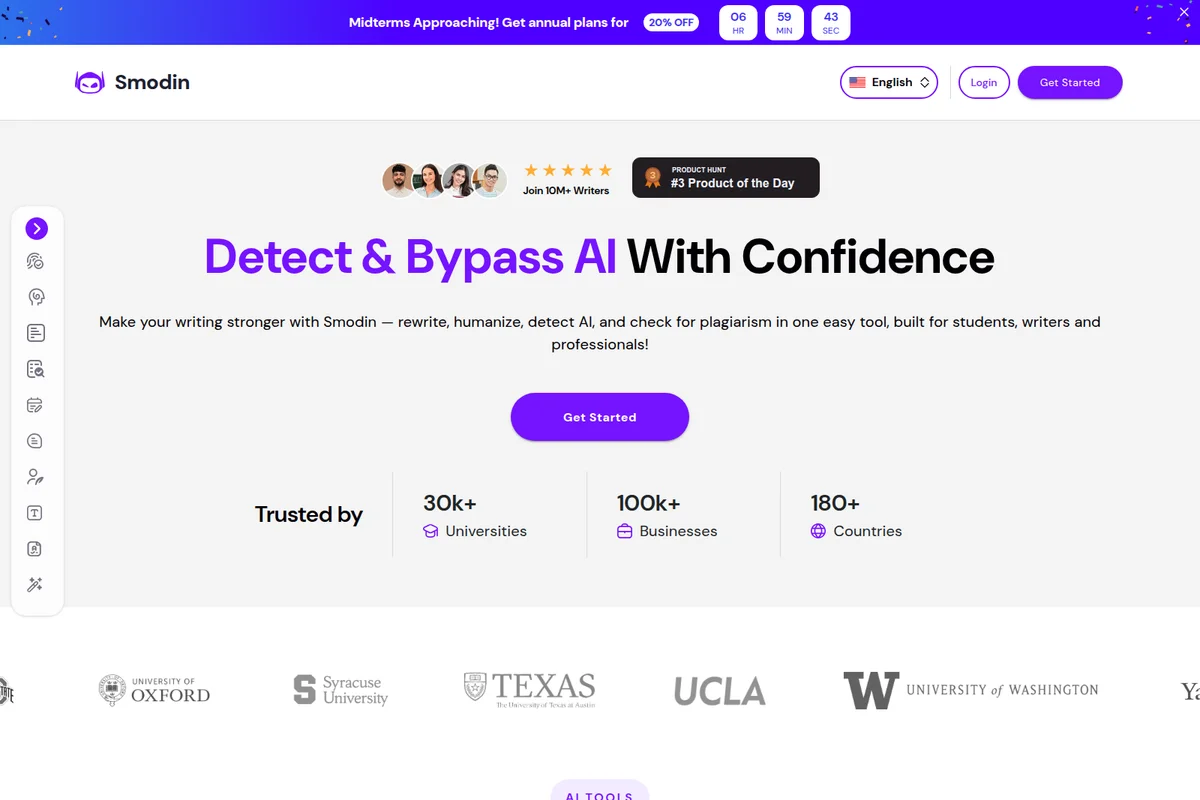 Smodin homepage hero section showcasing AI detection and bypass value proposition with a clean, modern interface.