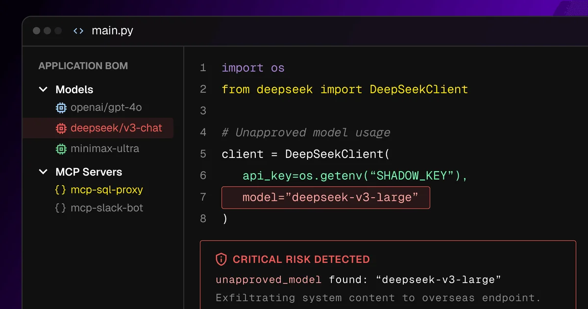Snyk workspace UI detecting unapproved DeepSeek model usage in Python code, highlighting a critical risk with a dark-mode interface.