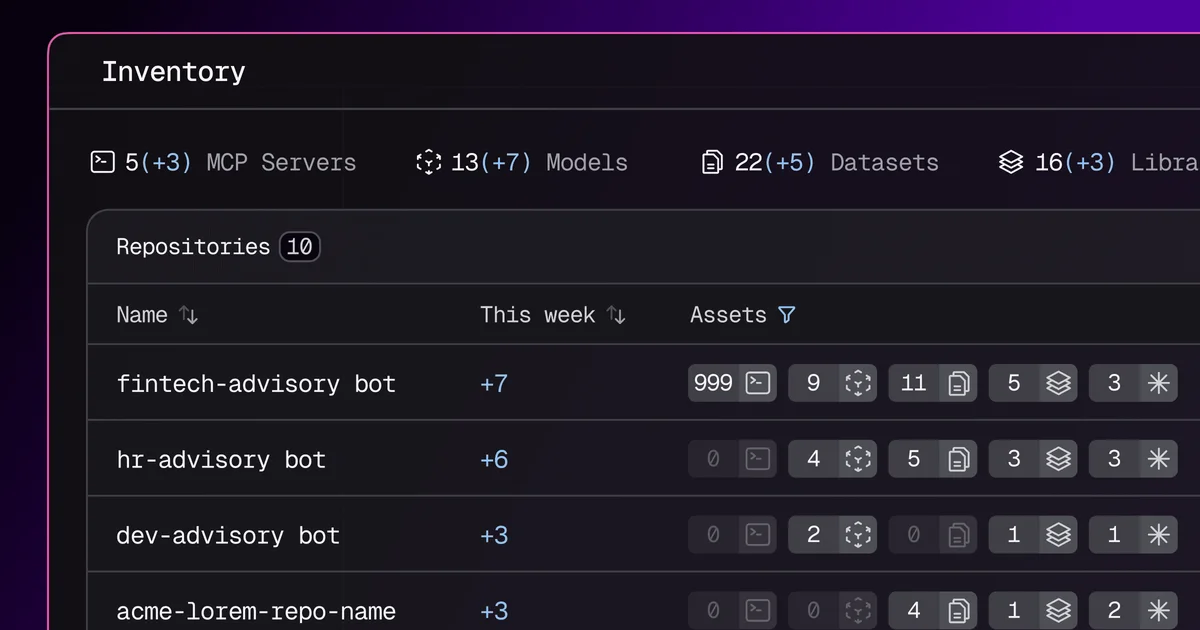 Snyk inventory workspace showing repository assets and weekly changes in a dark-mode interface.