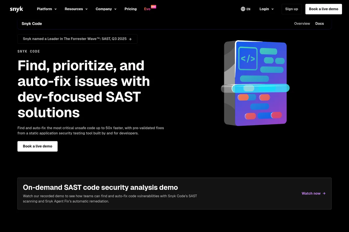 Snyk Code landing page hero section showcasing automated SAST issue detection and fixing with a stylized 3D graphic.