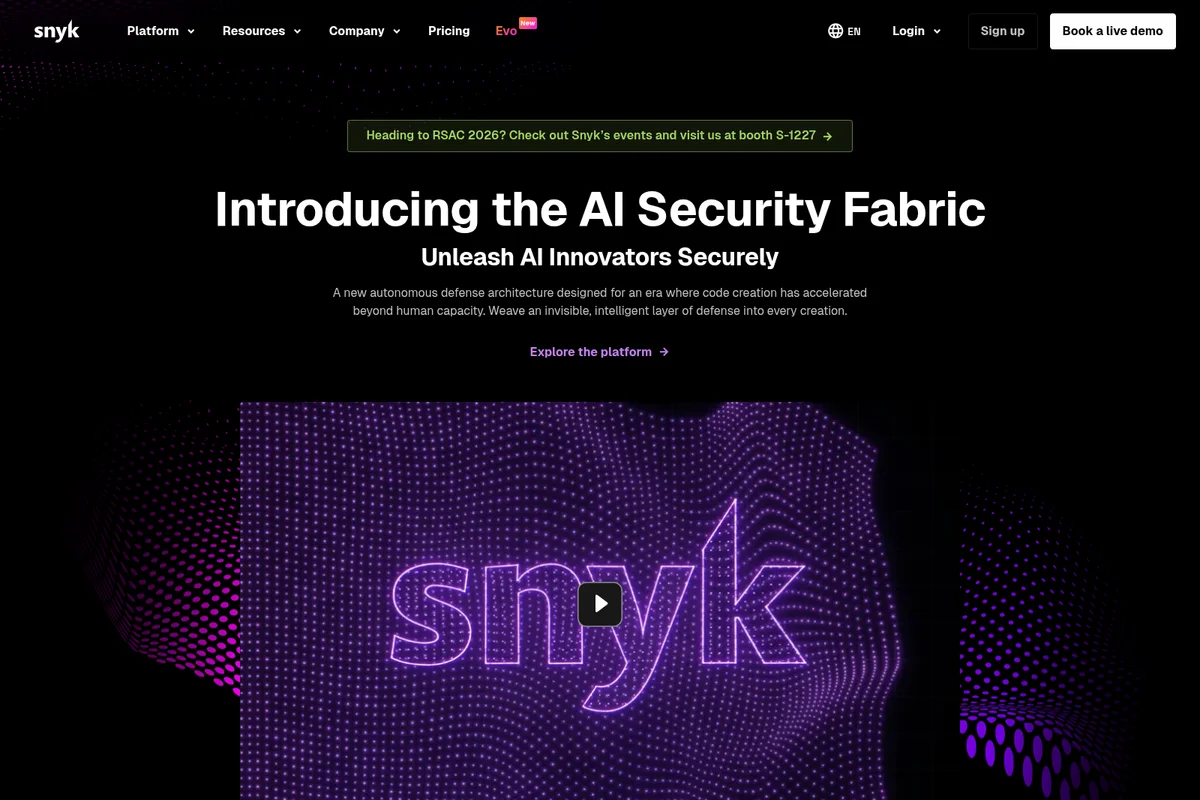 Snyk homepage hero introducing the AI Security Fabric with a video featuring a glowing Snyk logo on a dark, futuristic background.
