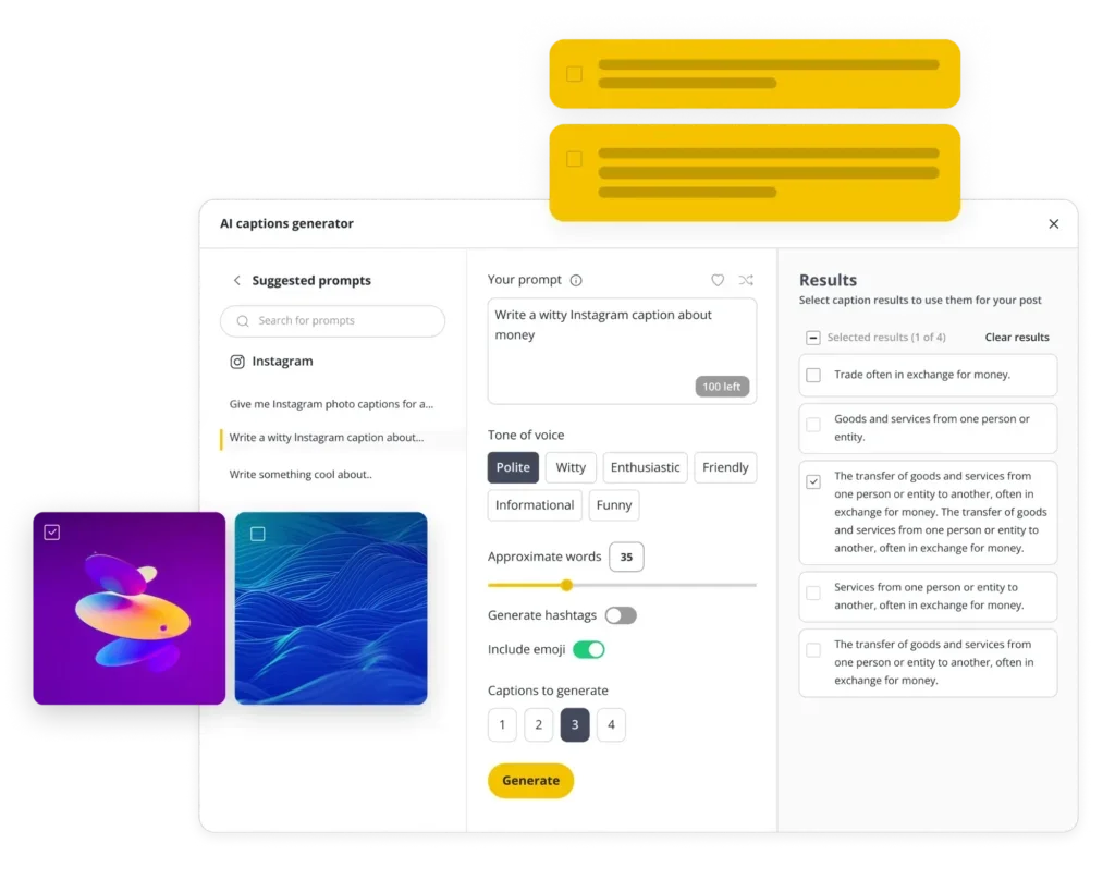 SocialBee AI captions generator showing witty Instagram caption creation with a clean, modern interface.