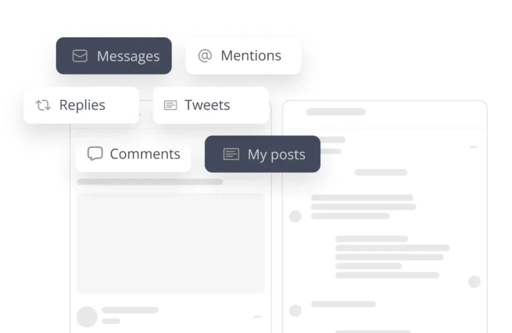 Socialbee workspace UI showing social media content filtering options with messages, mentions, replies, and posts in a modern interface.