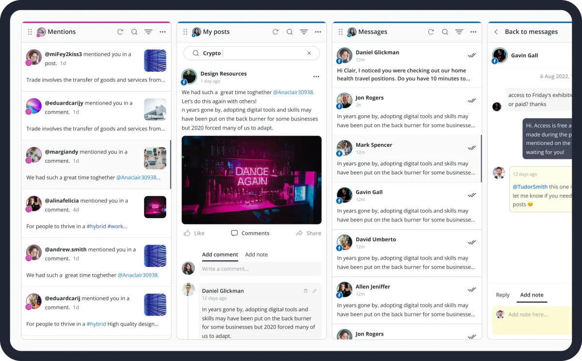 SocialBee workspace showing social media mentions, posts, and direct messaging features in a multi-column UI.