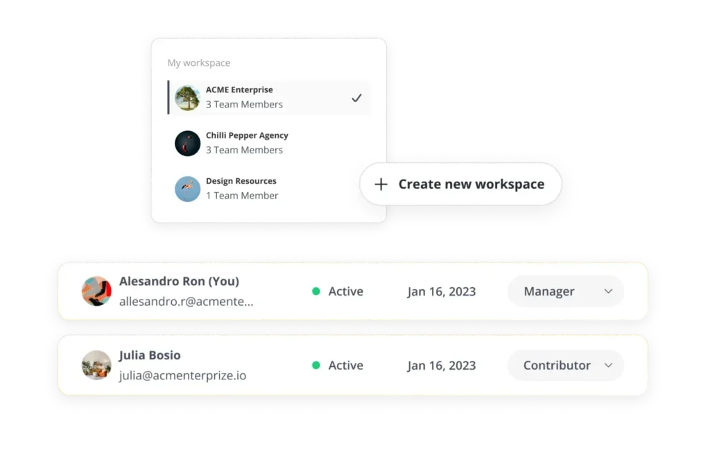 SocialBee workspace UI showing team and workspace management with a clean, modern interface.