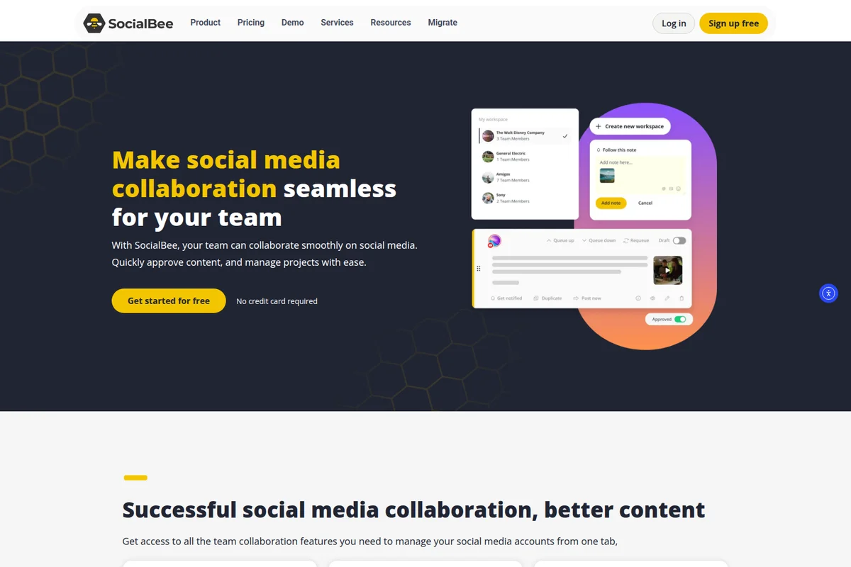 SocialBee landing page showing social media collaboration workspace with a dark-themed modern interface.