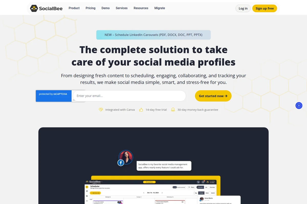 SocialBee homepage showing the comprehensive social media management solution with a clean, modern interface and a glimpse of the scheduler.