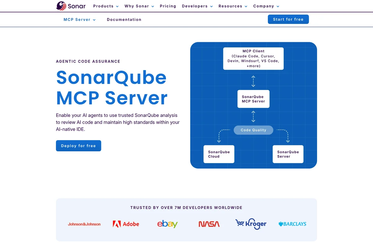 SonarQube MCP Server product page demonstrating the system architecture for AI code analysis and quality assurance with a clean, modern interface.